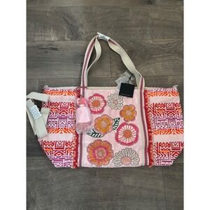 America & Beyond Pink Floral Sequin Embroidered Boho Tote Bag with Wristlet NWT